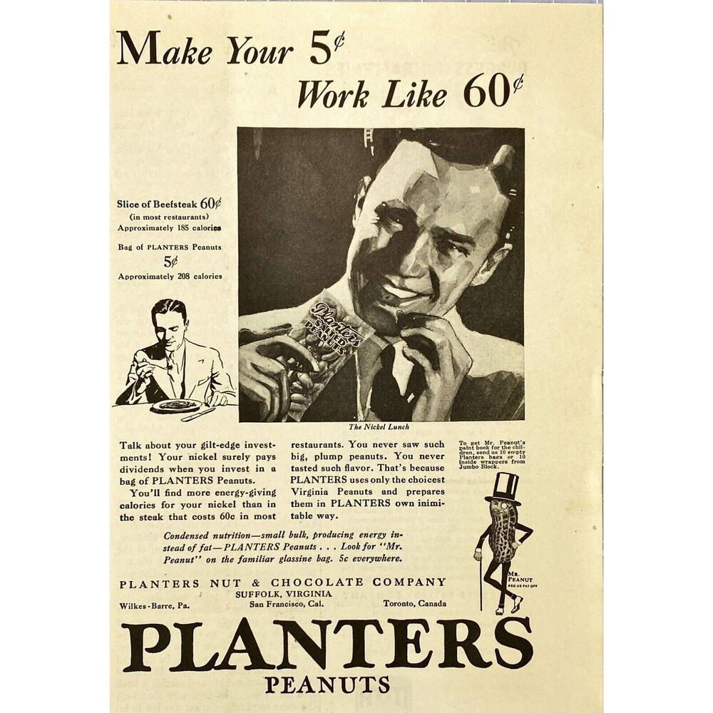 Planters Peanuts "The Nickel Lunch-Your gilt-edge investment" VNTG Print Ad 1931